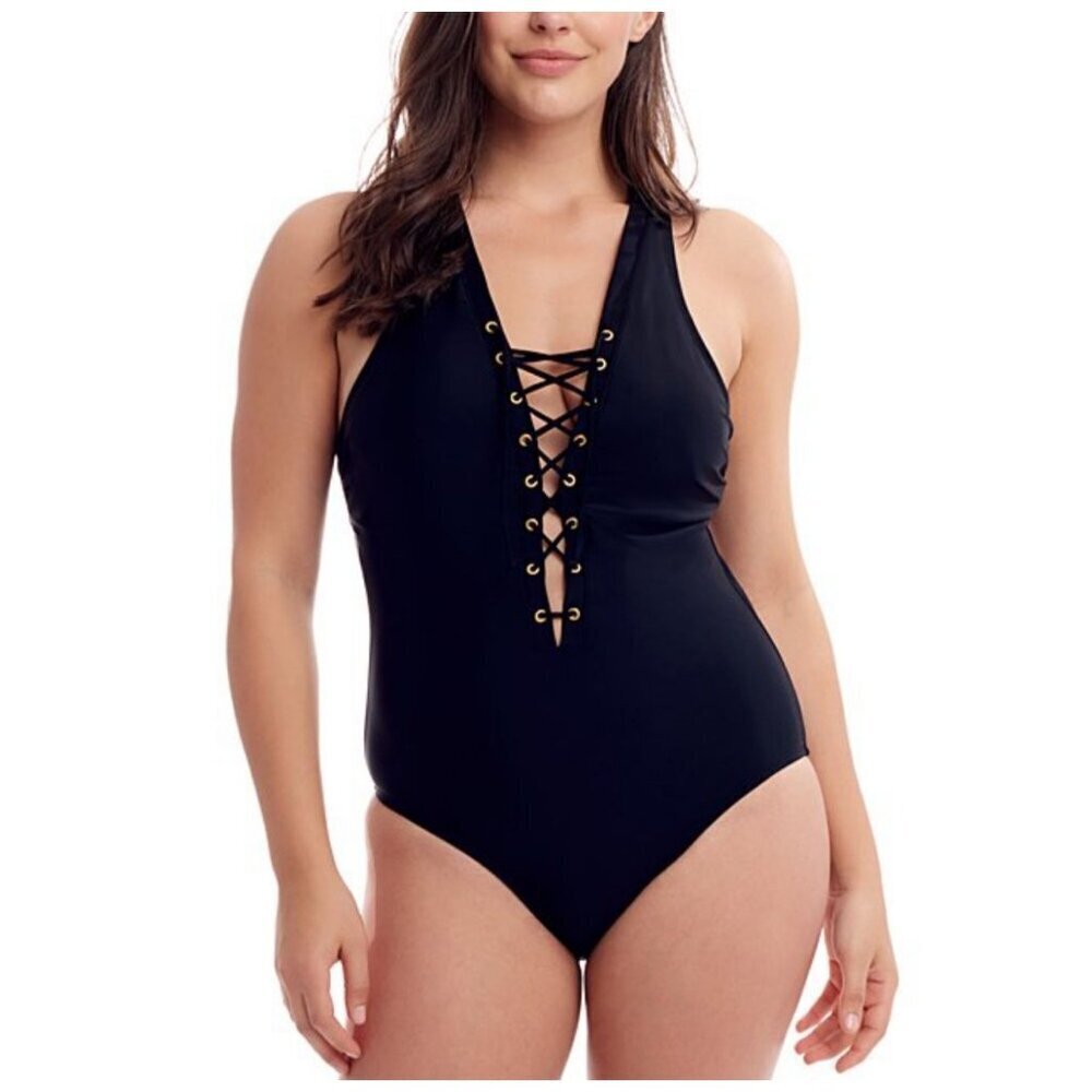 Love My Curves NWT $90 Black Lace-Up Crisscross One Piece Swimsuit Womens 16/1X